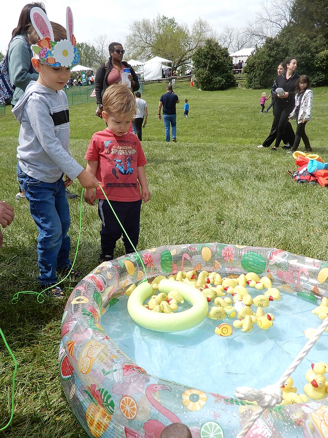 The Kenney brothers, (from left) Cillian, 4, and Parker, 2 “rescue” rubber duckies from a “pond” at the Earth Day celebration Saturday, April 20, at Sully Historic Site in Chantilly.