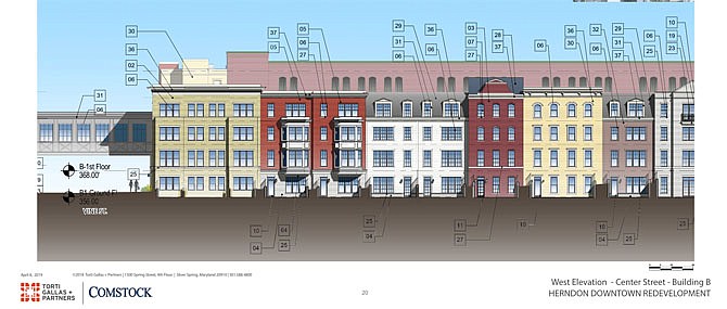 April 8, 2019, Architectural Drawing of Building B on Center Street, part of the Herndon Downtown Redevelopment Project awaiting build by Comstock