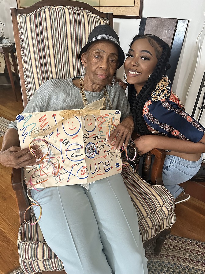 Lois Brooks, with granddaughter Kira Russell, celebrates her 100th birthday June 13, 2024.