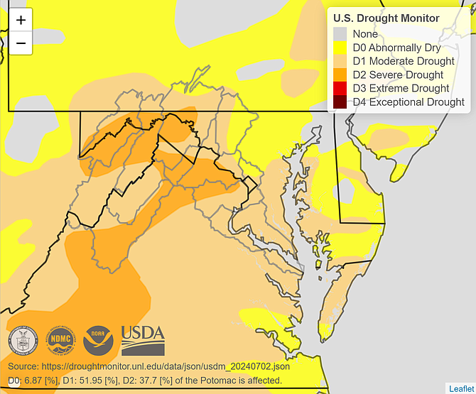 According to the most recent U.S. drought monitor for the Potomac Watershed on July 2, areas in Northern Virginia entered D2, a severe drought. More heat, with little chance of rain, is predicted through this week.