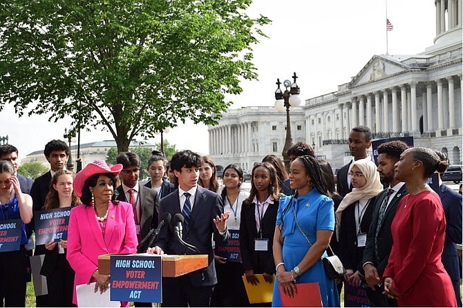 On April 30, 2024,  members of the Centre for Voters Initiative & Action celebrate the introduction of the High School Voter Empowerment Act in Congress. At the podium, Samad Quraishi, a 3rd-year student at Fairfax County Public Schools’ Marshall High School and executive director of the Centre for Voters Initiative & Action