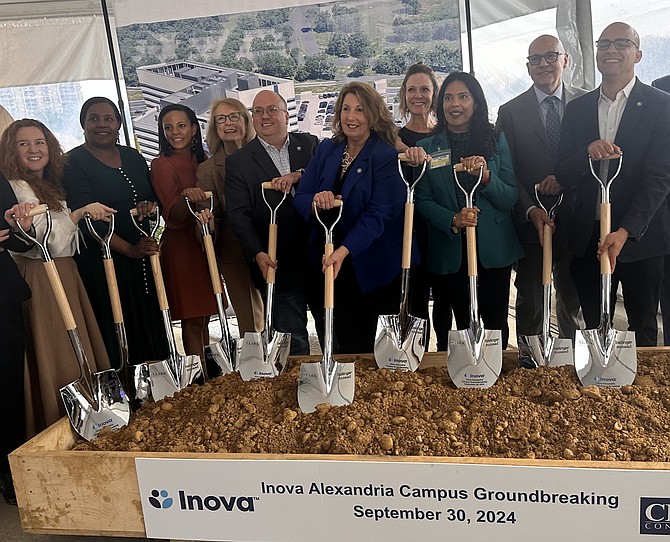 Alexandria Mayor Justin Wilson, right, is joined by members of City Council and Inova Health System officials at the groundbreaking of the new Inova Alexandria Hospital Sept. 30 on the site of the former Landmark Mall.