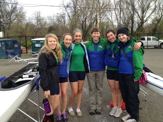 One of Churchill Crew’s girls’ varsity 4+ boats came in first place in its event. From left are Tori Hoffman, Julia Taladay, Emma Benjamin, Coach Cindy Cole, Jackie Tauberman and coxswain Brenna Means.