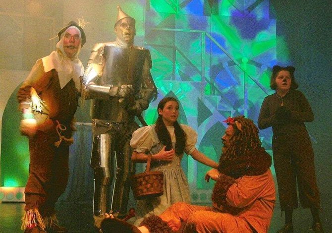 A scene from The Alliance Theatre’s 2006 production of “The Wizard of Oz.” From left are Mike Cash (Scarecrow), Billy Clay (Tin Man), Emily Price (Dorothy), Jim Mitchell (Lion) and Amanda Mason (Toto).