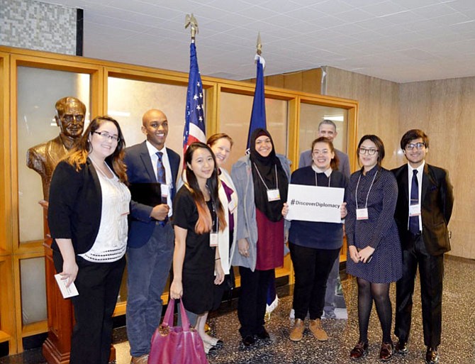 Samme Sheikh of Chantilly and Ellen Choi of Centreville were part of a delegation of Northern Virginia Community College students who recently attended the John C. Whitehead Conference on Diplomacy at the U.S. Department of State. The NOVA delegation also included students Allison Beltran of Hyattsville, Md., Furqan Bin Amjad of Bristow, Tiffany Fabian of Manassas, Thomas Horton of Haymarket, and Clair Nguyen of Aldie. They were accompanied by professors Linda Campos and Melissa Beaudoin. Most of the students are in NOVA’s Honors Program that provides enrichment opportunities for motivated students. 