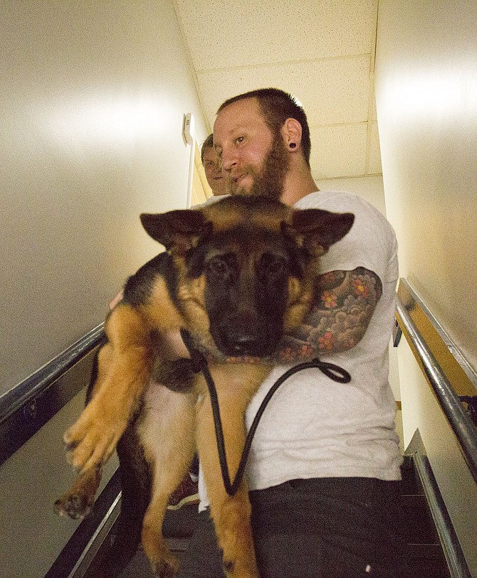 Steve Kowalski, KSR Pet Care’s assistant trainer, carries Xena, a German shepherd puppy who is afraid of staircases, half-way down a staircase to work on walking down the steps during a group class on Saturday, July 8.
