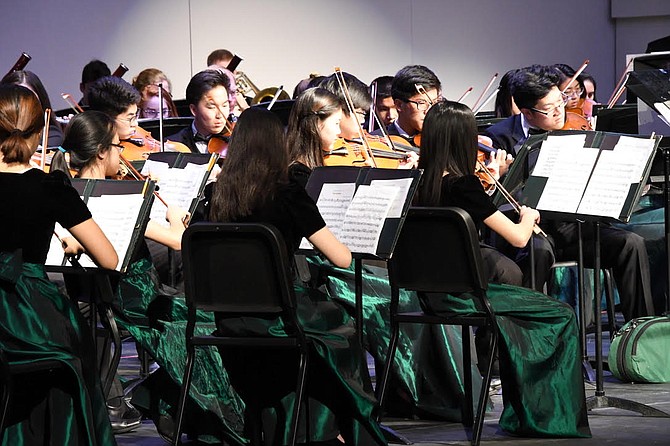 The violins and violas of the Langley High School Philharmonic Orchestra dazzle their audience with music of famous Austrian composers.