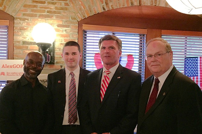 Michael Clinkscale, GOP candidate for House of Delegates District 45; Gregory Fanning, candidate for GOP Convention Delegate (2020); former Maryland Gov. Bob Ehrlich; and John Gray, GOP candidate for Prince William County chairman, Board of Supervisors, at the Alexandria Republican City Committee’s annual Reagan Lincoln Reception in Old Town.