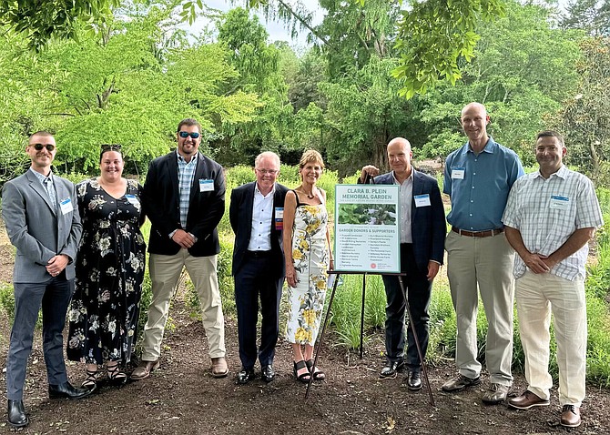 Attendees at the dedication ceremony for the Clara B. Plein Memorial Garden  included: Matt Zuccari (Ruppert), Sophia Ciallela (Ruppert), Cole Stoy (Ruppert), Scott Plein (White House Farm Foundation and American Horticultural Society), Joan Honeyman (Jordan Honeyman Landscape Architecture), Kris Alvarez (KT Enterprises), Matt Teese (South Riding Nurseries), and Matt Deivert (South Riding Nurseries)