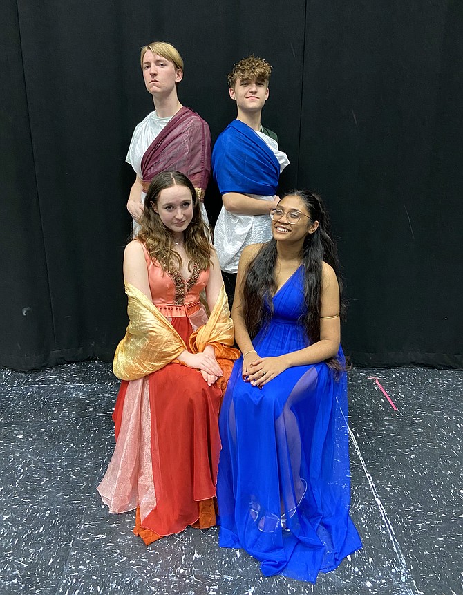 Posing in character are (top row, from left) TJ Brescia (Lysander) and Riley Burden (Demetrius) and (bottom row, from left) Scarlett Anthony (Hermia) and Anusha Krishnan (Helena).