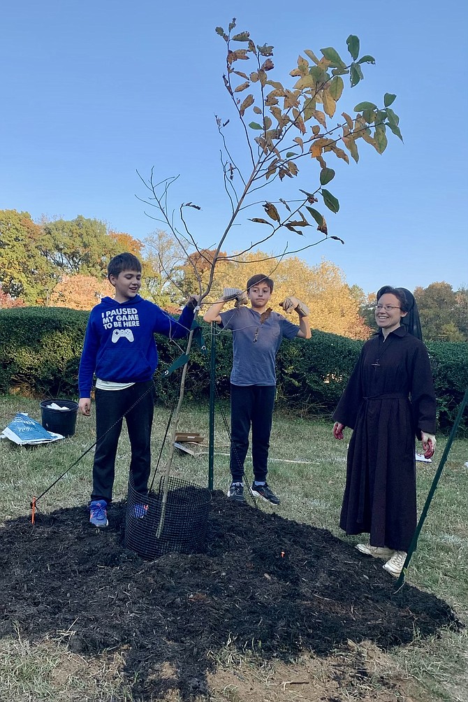 St. Phillips Catholic Church, Falls Church, members Peter Brackins, Pablo Aguilar, and Sister Marie Benedict Elliot plant their Black Gum tree as anchor to their mini sanctuary