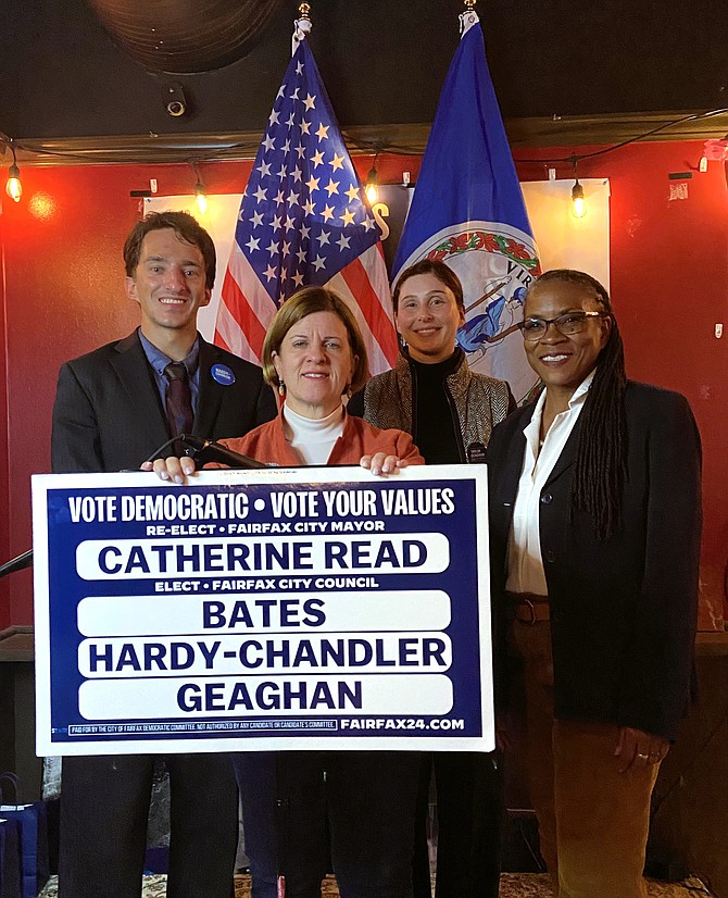 Joining together on election night are (from left) Billy Bates, Catherine Read, Taylor Geaghan and Stacey Hardy-Chandler.