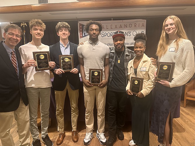 NFL great Santana Moss, third from right, poses with the October Athletes of the Month Oct. 16 at the Old Dominion Boat Club. Pictured from left are: Sportsman’s Club president Ryan Fannon; Jack Lentini, accepting the award for his sister Emma Lentini; Tyler Stone; Amari James; Santana Moss; Renee Jenkins; and Julia Kelly.