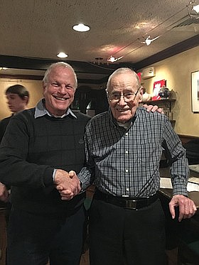 Bob Nelson (left) and World War II Veteran Howard Jester, 90, participate in Military Appreciation Monday on Jan. 8, 2017 at the Old Brogue.