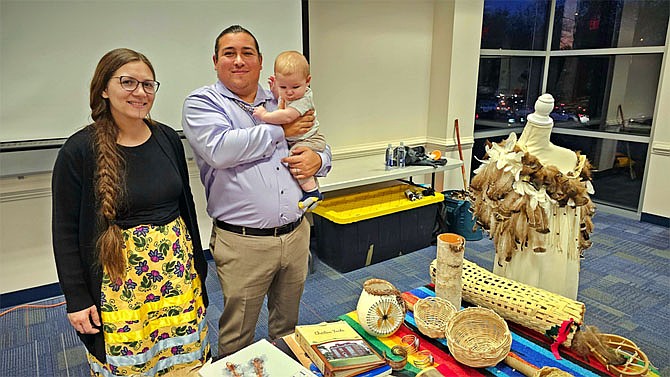 Representatives from the Mattaponi Tribe, Raven Brightwater Custalow and Christopher Lee Custalow, making a presentation for Native American Heritage Month.