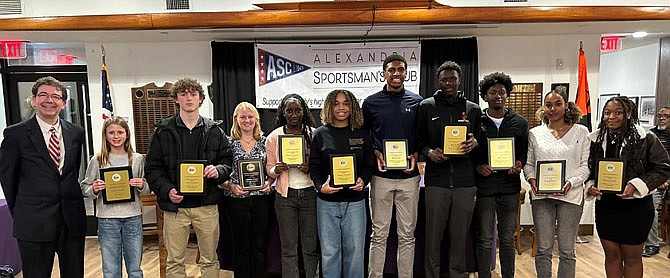 Alexandria Sportsman’s Club president Ryan Fannon, left, poses with the ASC Athletes of the Month Jan. 15 at the Old Dominion Boat Club. 

Pictured with Fannon are, from left: Colleen Breslin, Youth Recreation, basketball; Ben Edmonds, Episcopal HS, basketball; Campbell Shelby, Episcopal HS, tennis; Princess Akojenu, Episcopal HS, basketball; Amirah Anderson, Bishop Ireton HS, basketball; Riley Jacobs, St. Stephen’s & St. Agnes School, basketball; Ripp Kodi, Bishop Ireton HS, basketball; Tarik Sesay, Alexandria City HS, basketball; Victoria Patrick, Alexandria City HS, basketball; and Naheema Goin, St. Stephen’s & St. Agnes School, basketball.