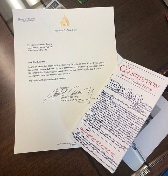 A photo in the U.S. Congressman Gerry E. Connolly’s social media account with his letter to President Trump and a copy of the Constitution