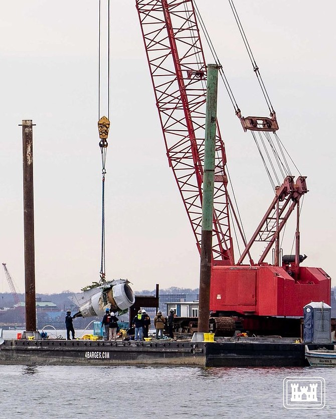 Debris from the wreckage of the collision between American Eagle flight 5342 and a U.S. Army Black Hawk helicopter is removed from the Potomac River Feb. 4.