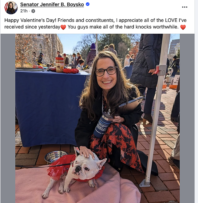 Virginia State Sen. Jennifer Boysko (D-38) wishes everyone a Happy Valentine's Day after speaking out against the so-called “Fairfax Casino Bill.”