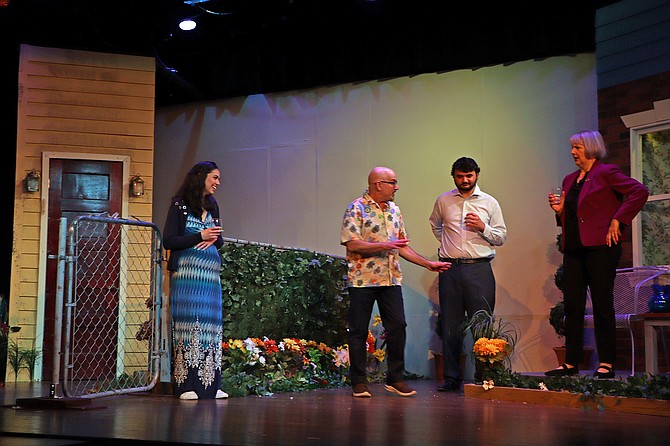 Odette Gutierrez del Arroyo (Tania), Chuck Dluhy (Frank), Eddie Perez-Reyes (Pablo), and Judy Lewis (Virginia) in Native Gardens, playing now through April 13 at Aldersgate Church Community Theater. www.acctonline.org
