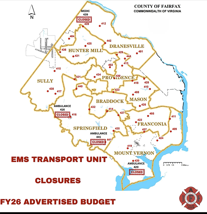 Locations of the four Fairfax County EMS Transport Units considered for closure in the FY2026 proposed budget.
