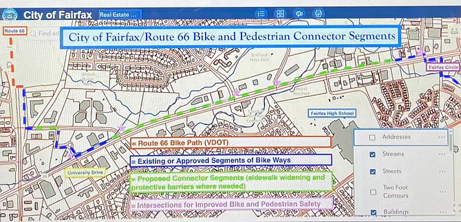 Green dashes depict a proposed new alignment for the George Snyder Trail.