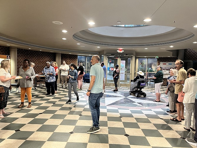Long lines at the polls for the 2025 Special Election CD-11 for Democrats were the norm, like this partial image of the line at the Herndon Fortnightly Library, June 28. Lines elsewhere, such as at the Fairfax County Government Center, reportedly were hour-and-a-half waits.