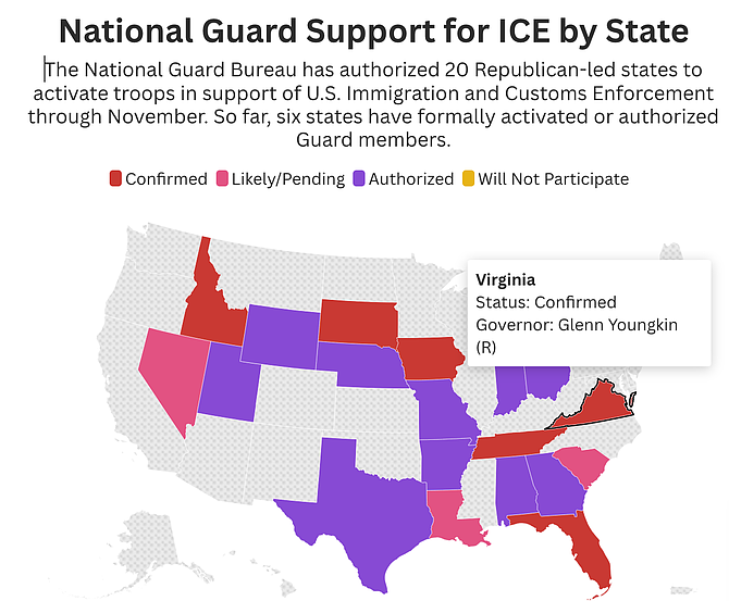 The National Guard Bureau has authorized 20 Republican-led states to activate troops in support of U.S. Immigration and Customs Enforcement through November 2025.