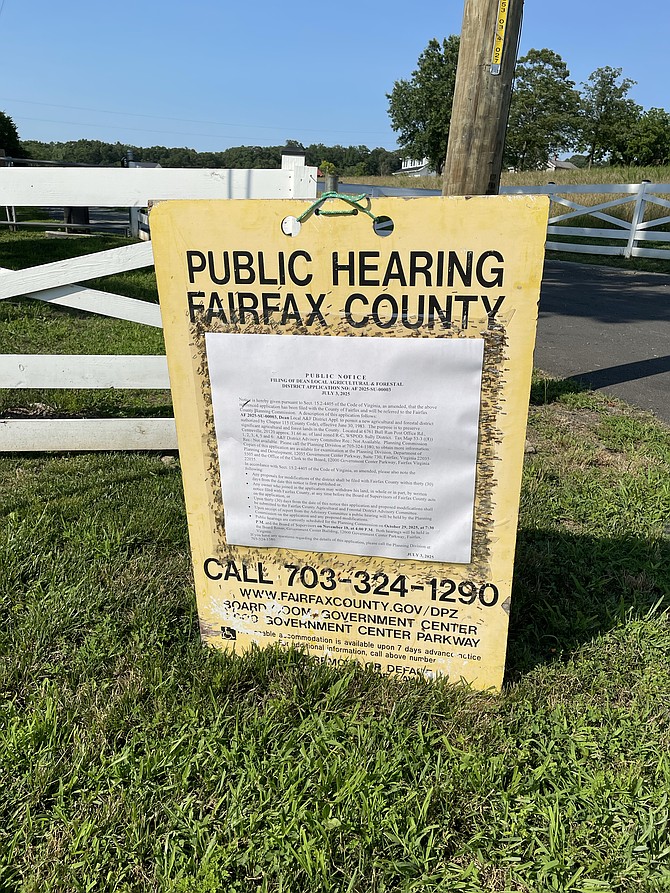 A Fairfax County public notice sign stands on Bull Run Post Office Road during the summer of 2025.