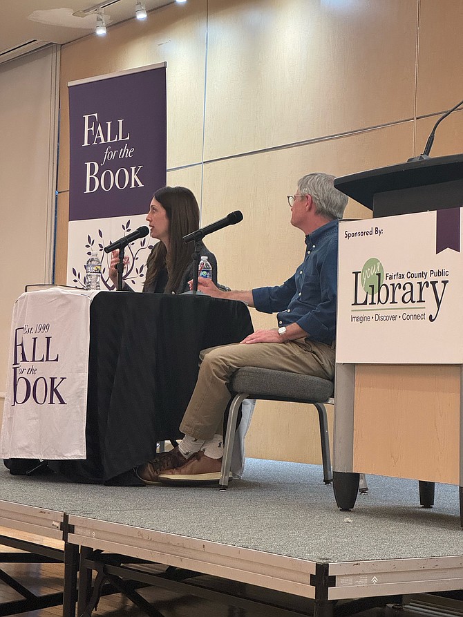 Best selling author Liz Moore (left) gave a talk moderated by Art Taylor, right. He is an award-winning mystery writer and a faculty member at George Mason, where he helps administer the creative writing program.