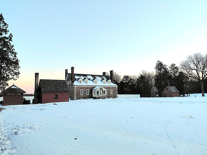 West facade and entry of Gunston Hall in the snow.