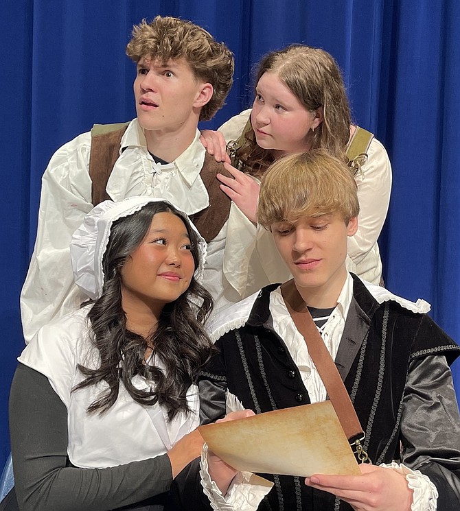 Bottom row, from left are Olivia Ho (Portia) and Lucas Schnotala (Nigel Bottom). And (top row, from left) are Nate Smith (Nick Bottom) and Olive Webster (Bea Bottom). Nigel’s poetry impresses Portia, while Bea tries to calm Nick, who lacks ideas for a new play.