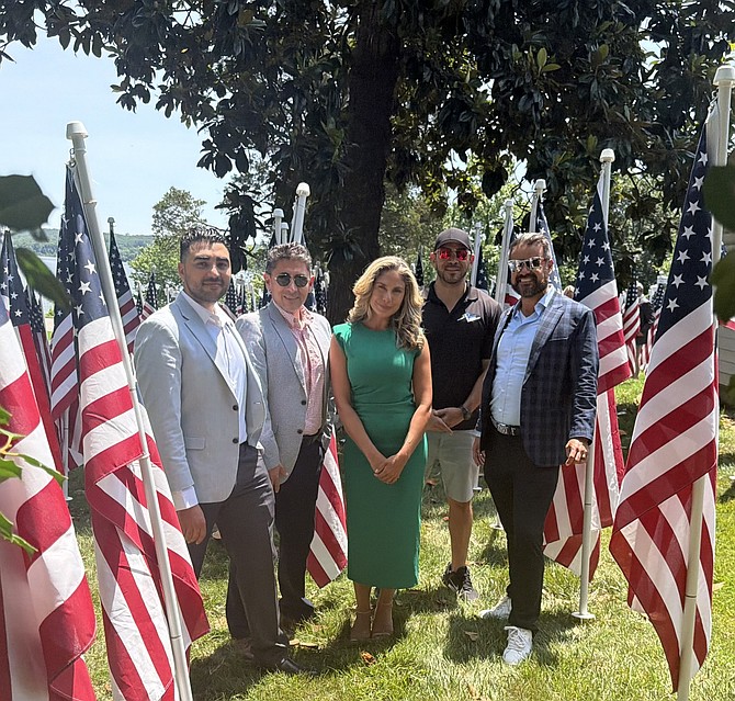 Anass Yahyaoui, Hjarman Cordero, Arely Morales, Patrick Coye and Ru Toyama at the June 30 opening of the Flags for Heroes display at Cedar Knoll Restaurant.